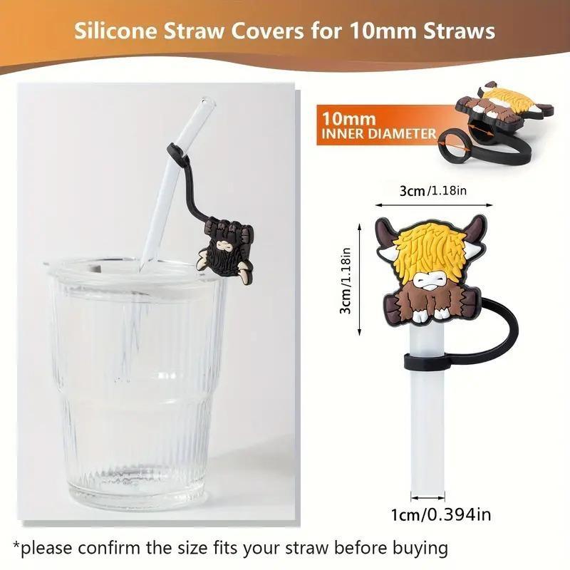 Cute Highland Cow Design Straw Cap, 6pcs Cartoon Straw Cover, Dustproof Straw Topper, Straw Protector for 30oz 40oz Tumbler Cup, Drinking Gadgets, Drink Protectors