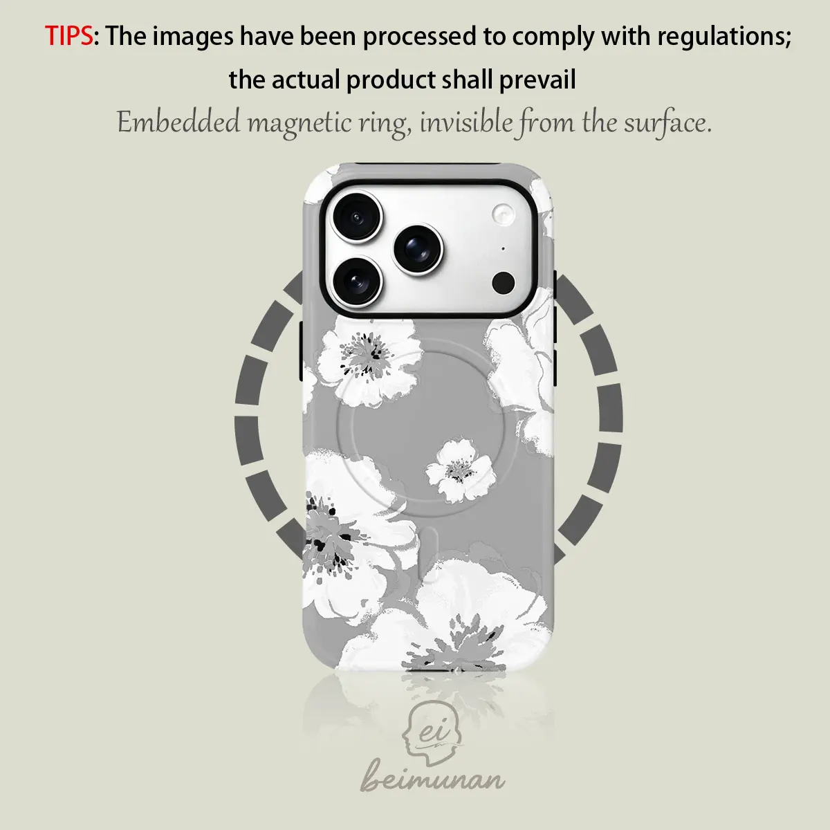 White floral watercolor pattern phone case with gray background. Durable 2-in-1 protective case, compatible with MagSafe, suitable for iPhone 17/16/15/14/13/12/11 Pro Max/Plus/Pro. A simple and stylish phone case, the perfect choice for a holiday gift.