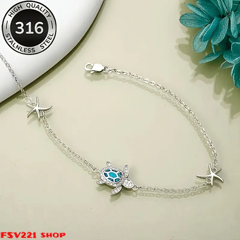 Ocean Turtle Stainless Steel Jewelry Set - Adjustable Chain Anklets, Necklace, Bracelet & Earrings, Beach Themed Ocean Inspired Costume Accessories