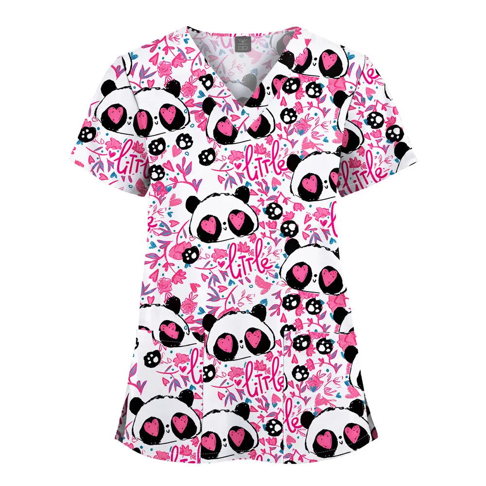 Quick-dry printed scrub shirt with V-neck for dental and oral care, beauty salon, pet hospital, doctor and nurse workwear