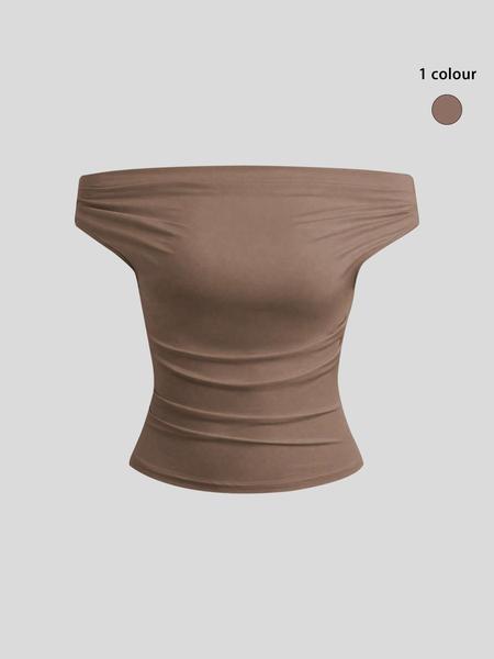 Women's Solid Off Shoulder Tee, Elegant Fashion Ruched Top for Daily Outdoor Wear, Ladies Clothes for All Seasons