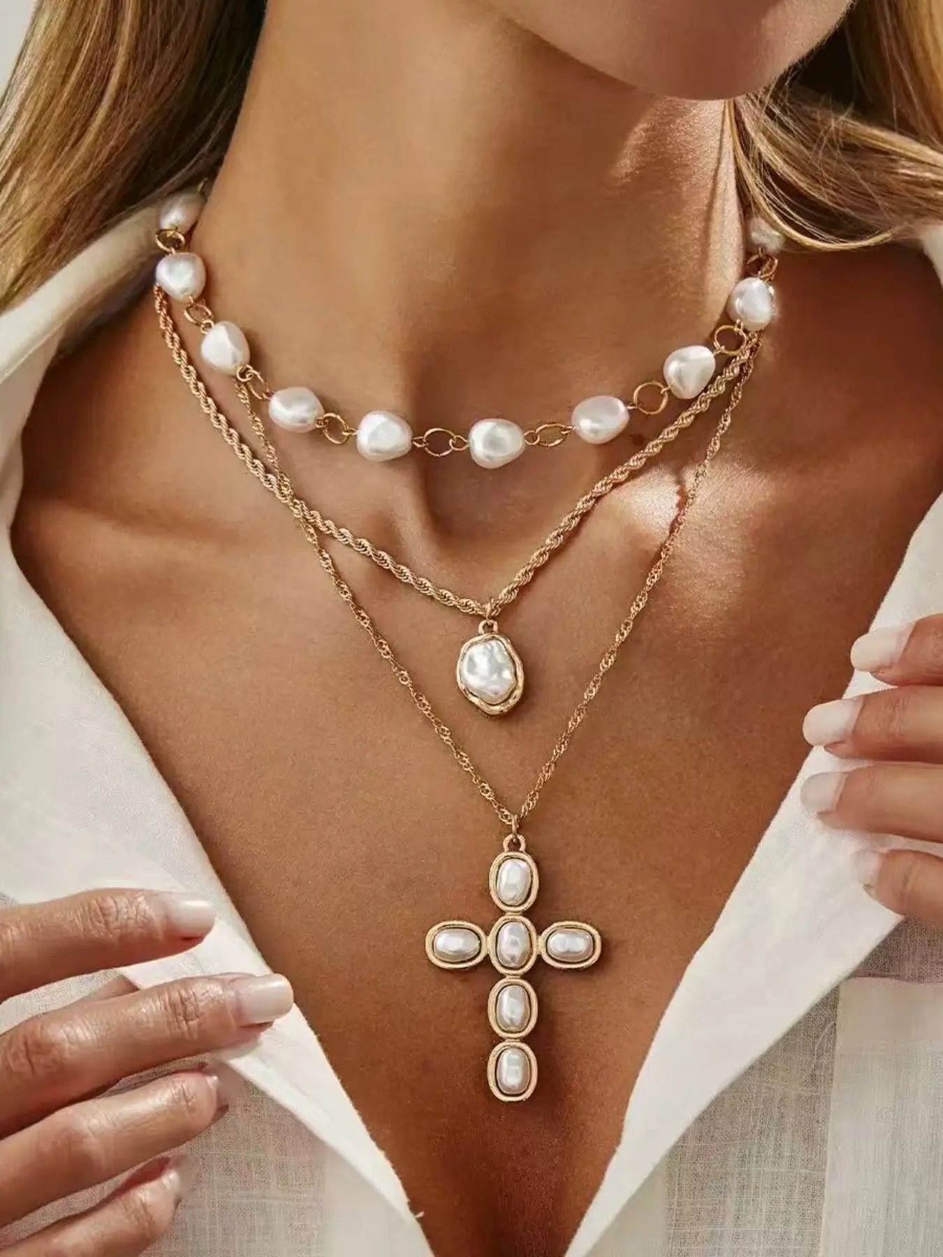 Vintage Baroque Imitation Pearl Cross Pendant Necklace Set, Boho Style Fashion Jewelry, Adjustable Layered Necklaces, All Seasons Accessory
