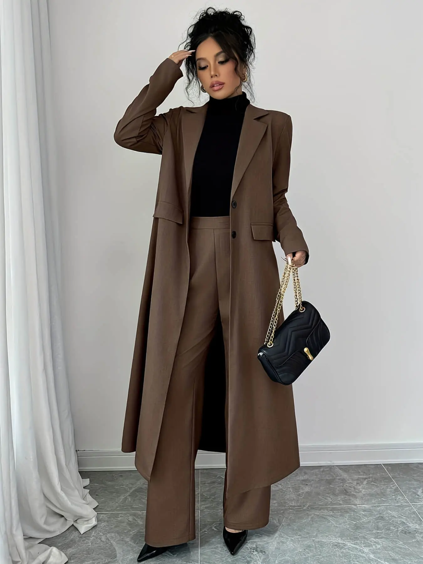 Two piece women's fashionable, elegant and casual long suit jacket and pants set, suitable for autumn and winter, suitable for home, indoor, and outdoor wear