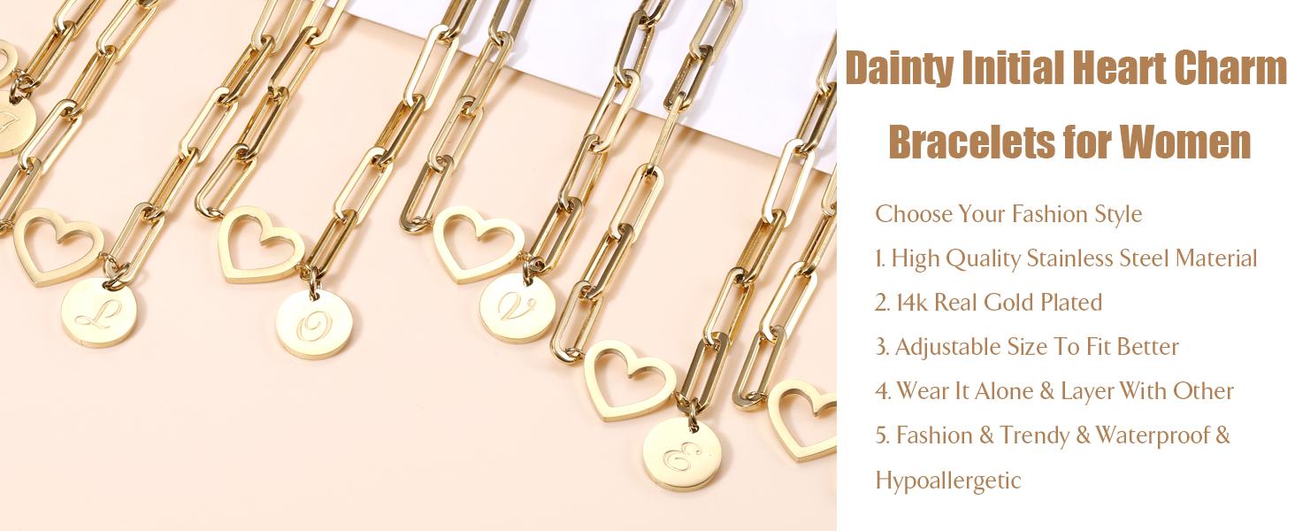 Sanfenly Personalized Initial Stackable Bracelet Set - 14K Gold Plated Stainless Steel A-Z Letter Heart Coin Charm Adjustable Bracelets for Women