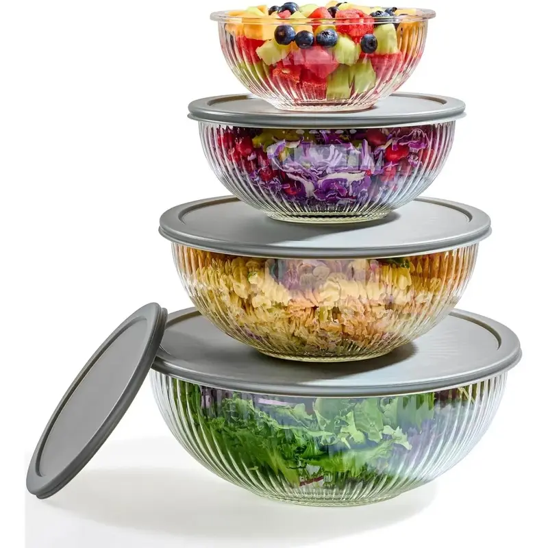 8-Piece Corrugated Glass Mixing Bowls Set with Leakproof Sealing Lids - BPA-Free, Stackable, Transparent Round & Rectangular Tableware, Oven Safe Up to 960°F, Microwave/Refrigerator/Dishwasher Safe for Meal Prep & Storage - Up To 960°F-L