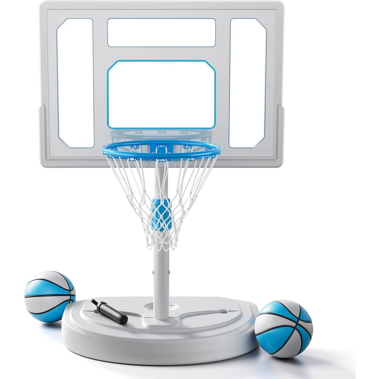 Stainless Steel Pool Basketball Hoop Poolside, Adjustable Swimming Pool Basketball Goal with 32 Inch Shatterproof Backboard, Poolside Water Basketball Hoop, 2 Balls & Pump Included (32in Pool Hoop)