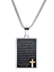 40mm Cross Pendant Necklace, Stainless Steel Engraved English Text, Rectangular Fashion Jewelry, Trendy Accessory for Women
