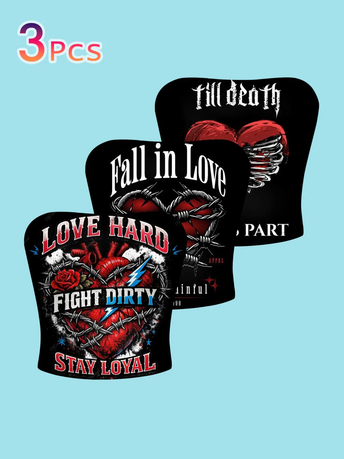 3-Pack Gothic Thorn Heart Print Tube Top, Slim-Fit Casual Backless Vest, All-Seasons Y2K Style Innerwear, Dark Rock Fashion, Bodycon Tank Top, Casual Sleeveless Tops