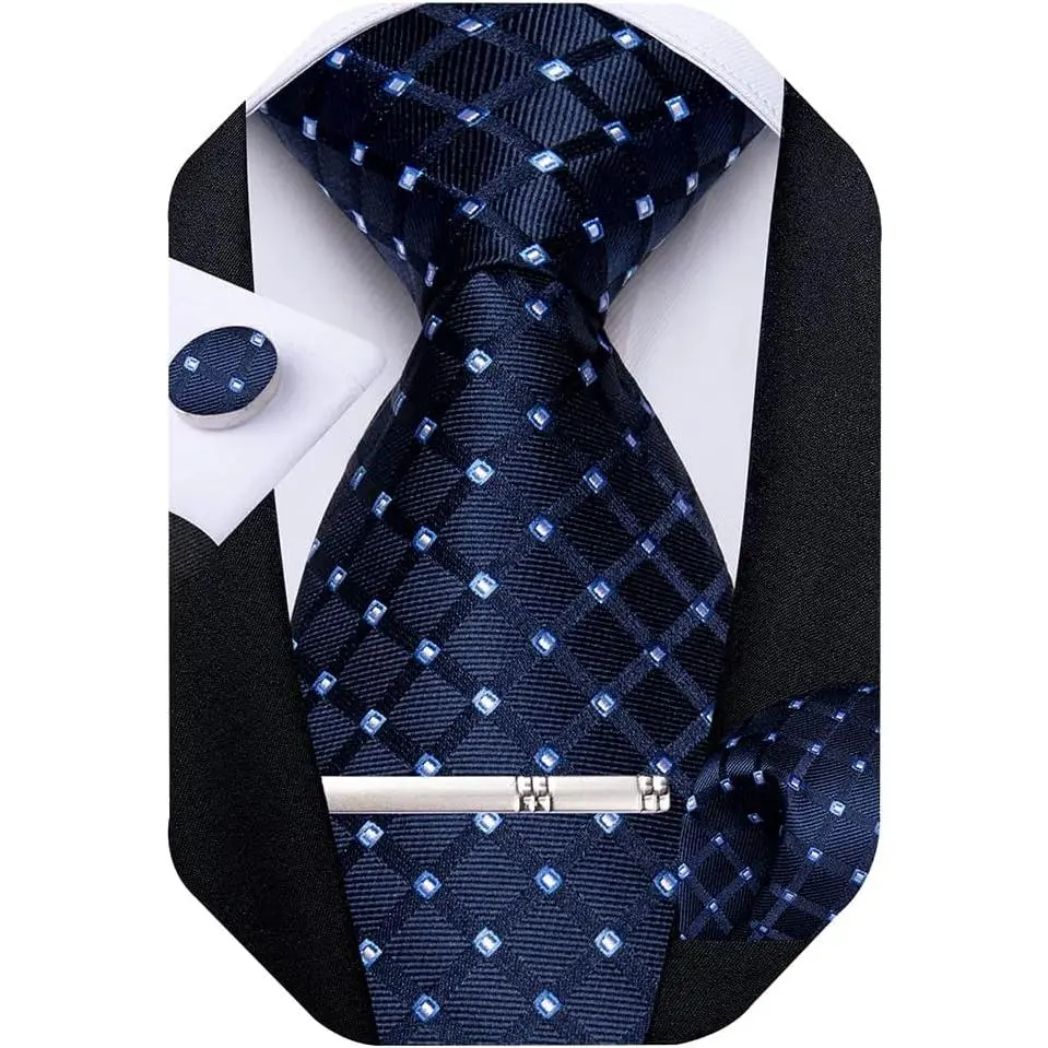 Men's Dark Blue Classic Fashion Silk Tie Set - Neat-Cut Pocket Square, Cufflinks, Tie Clip in Gift Box for Daily Wear, Interviews, Business Events (Ideal for Male Gifting)