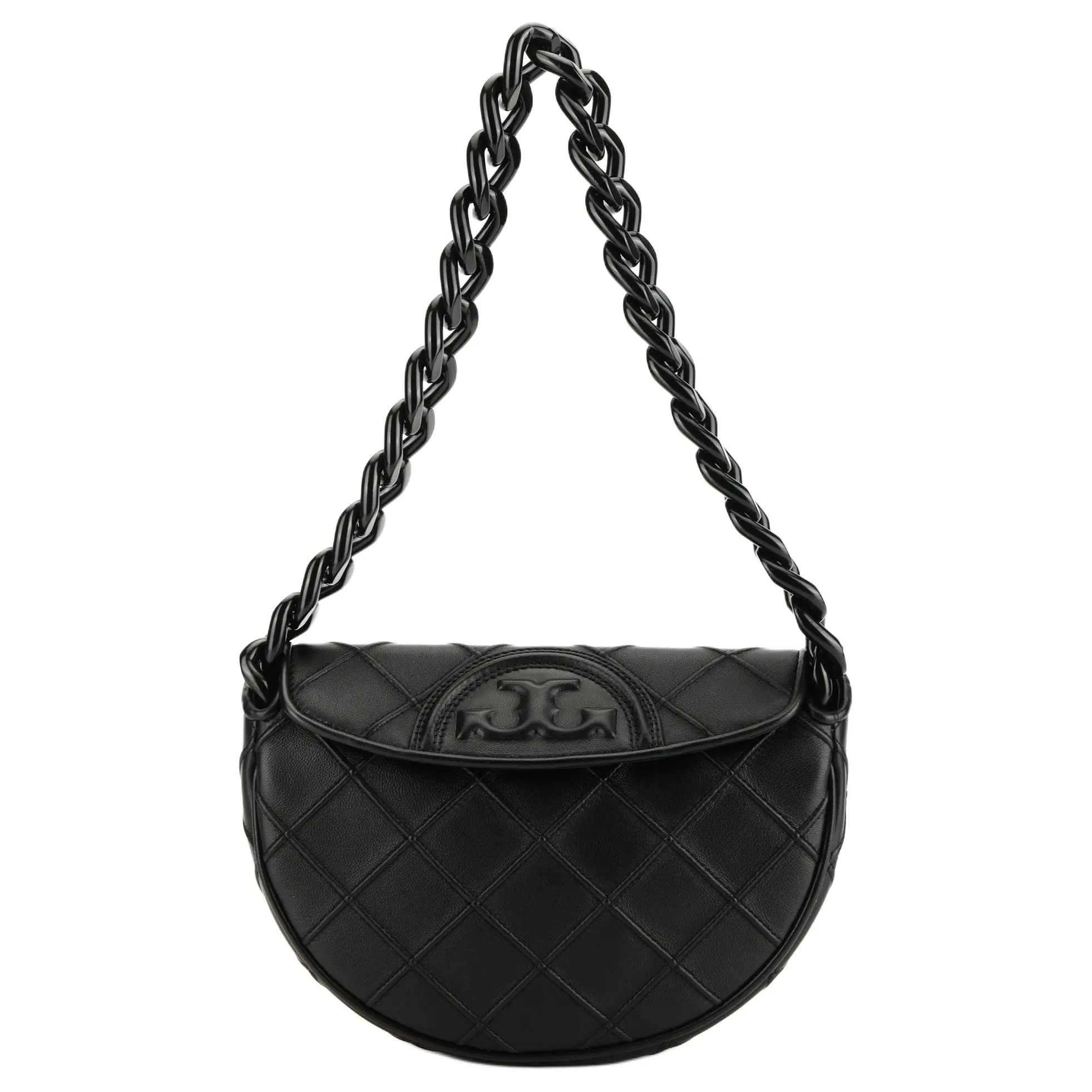 Tory Burch TB Fleming Spring/Summer 2023 Mini Crescent Crossbody Bag for Women – Premium Quilted Lambskin with Chain Strap, Black