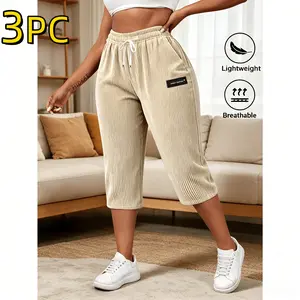 3PC Women's Solid Color Corduroy Cropped Pants, with A Soft Touch, Skin Friendly Comfort, Lightweight and Breathable, Suitable for Daily Street Leisure, Shopping, and All Day Women's Casual Wear Matching