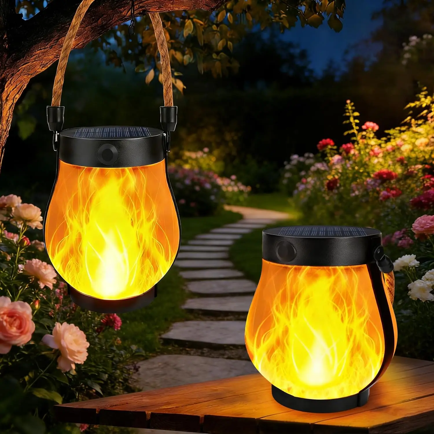 2-Pack Solar Outdoor Lanterns Set, Waterproof Flickering Flame Hanging Decorative Outdoor Light with 2 Modes, Dual Charge USB & Solar-Powered for Porch Yard Decor