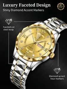 Men's Business Fashion Rhinestone Decor Analog Quartz Watch, Fashion Watch with Luminous & Date Function for Party, Daily Decor, Trendy Watch for Birthday Gift with Box, Fashionable Party Watch
