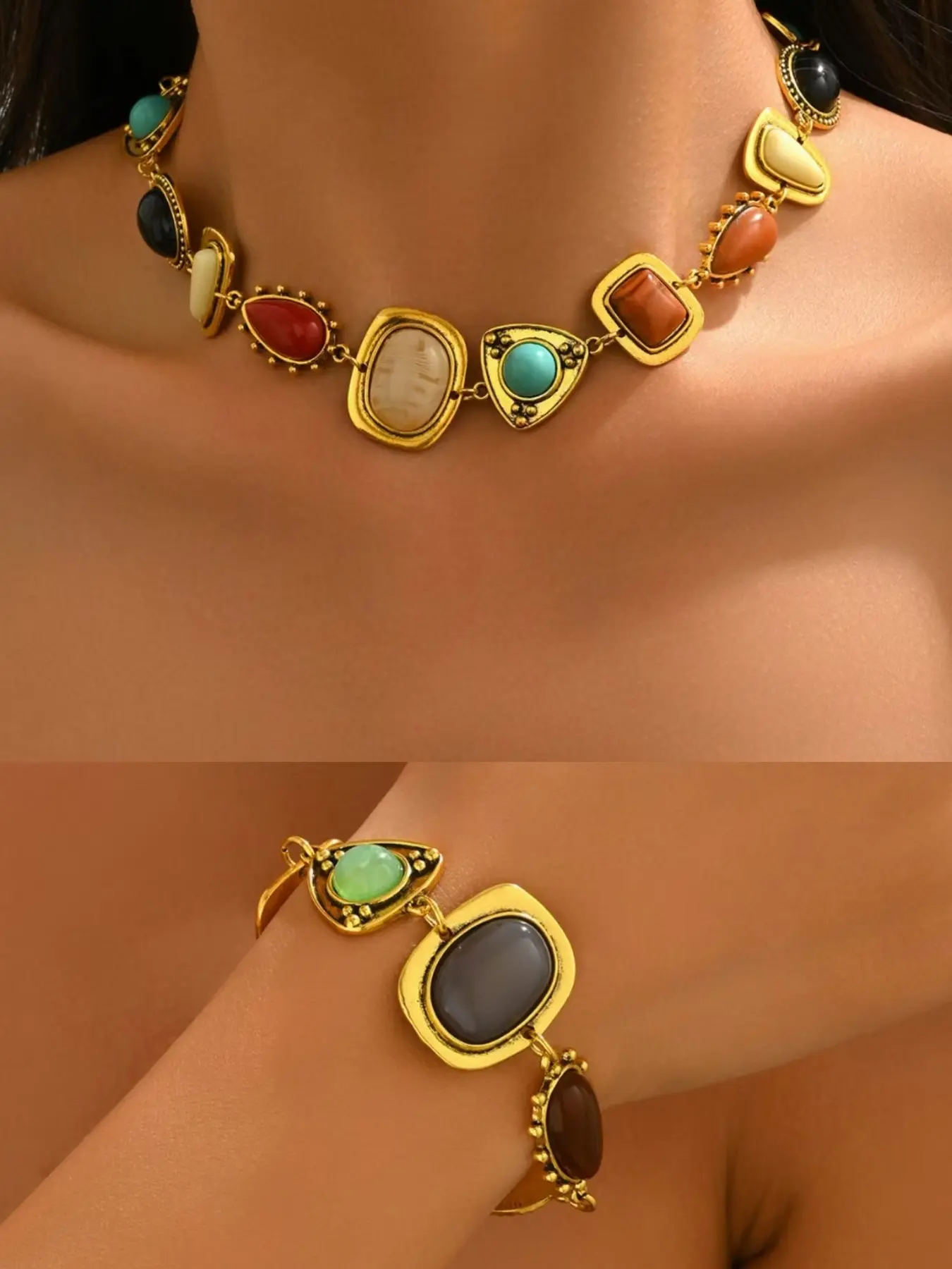New Bohemian style retro jewelry set, creative alloy resin water droplet necklace bracelet
