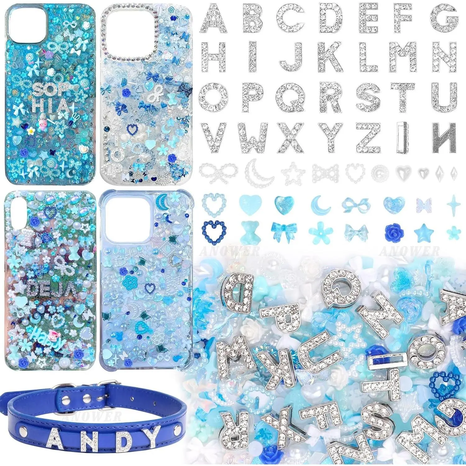 330 Pcs Blue Junk Phone Case Charms Kit, 26 Pcs A-Z Rhinestone Alphabet Letter Charms, Mixed Flower Bow Heart Pearl Flatback Resin Charms for DIY Crafts