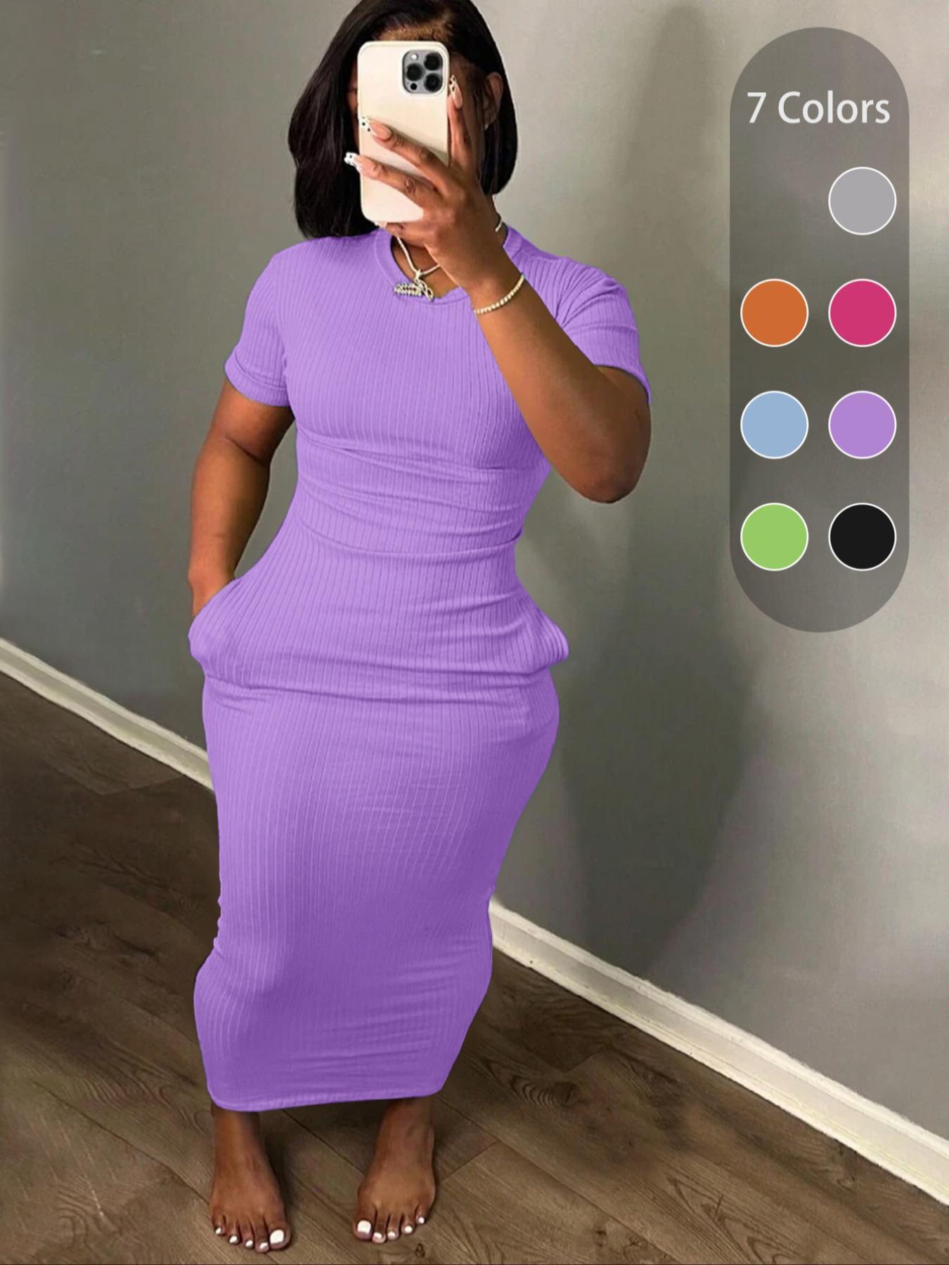 Plus Size Plain Pocket Round Neck Bodycon Fit Dress, Casual Short Sleeve Ribbed Long Dress for Summer, Women's Clothes for Daily Wear