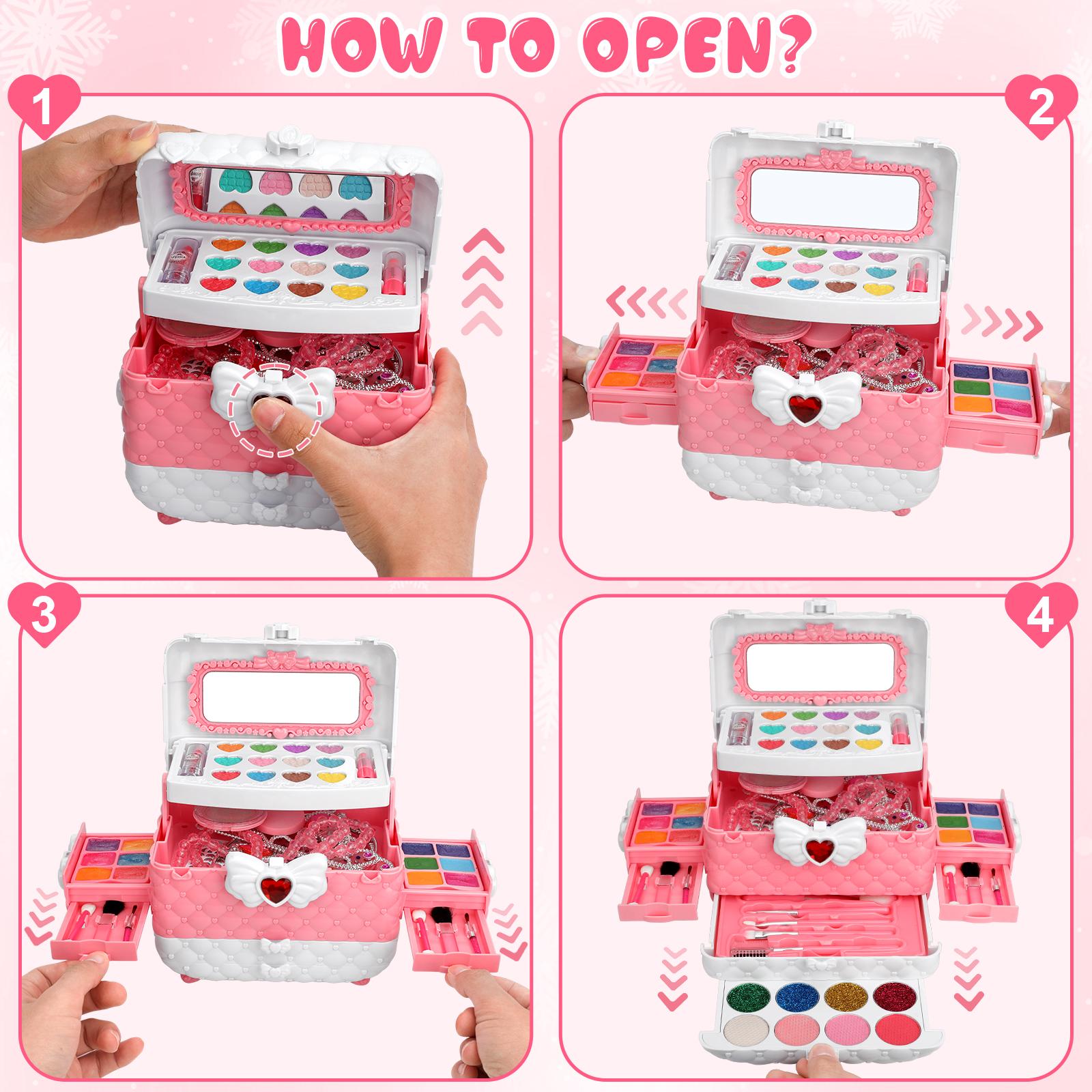 Children's Make-up Set with Drawer Storage Box Portable role-play toy, 56-piece set including powder puff, lipstick, eyeshadow brush, crown, necklace, earrings and more. An excellent gift choice.