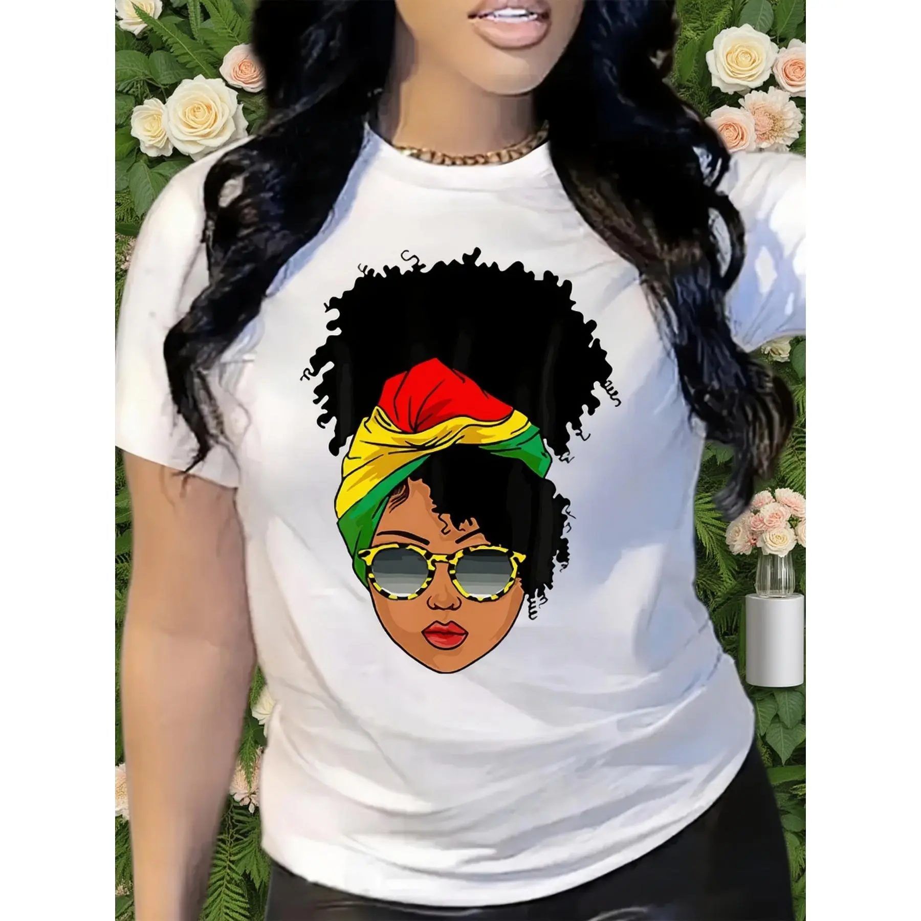 Black Queen Afro Headwrap Sunglasses Graphic Tee - Standard Pure Cotton Tshirt | Front Print Melanin Pride Top for Women & Men, Short Sleeve Crewneck Regular Fit for Daily Wear and Cultural Events
