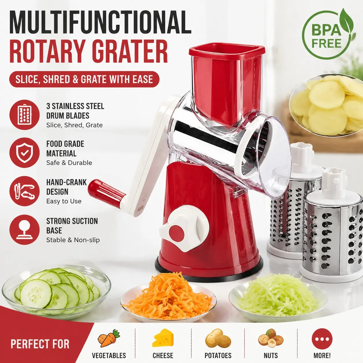 Rotating vegetable slicer with handle, three in one pattern vegetable slicer, kitchen tool vegetable slicer, fruit and vegetable slicer, and amazing tool for shredding, Grater