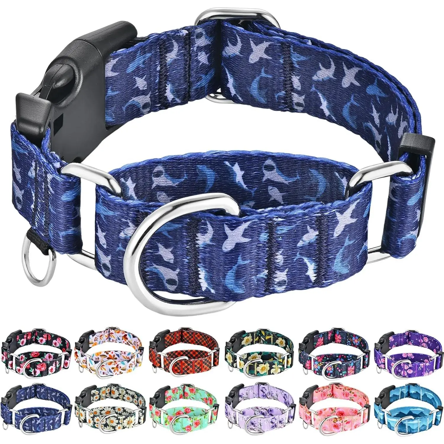 Martingale Collar for Dogs with Buckle Heavy Duty, Medium Dogs, Deep Blue Shark