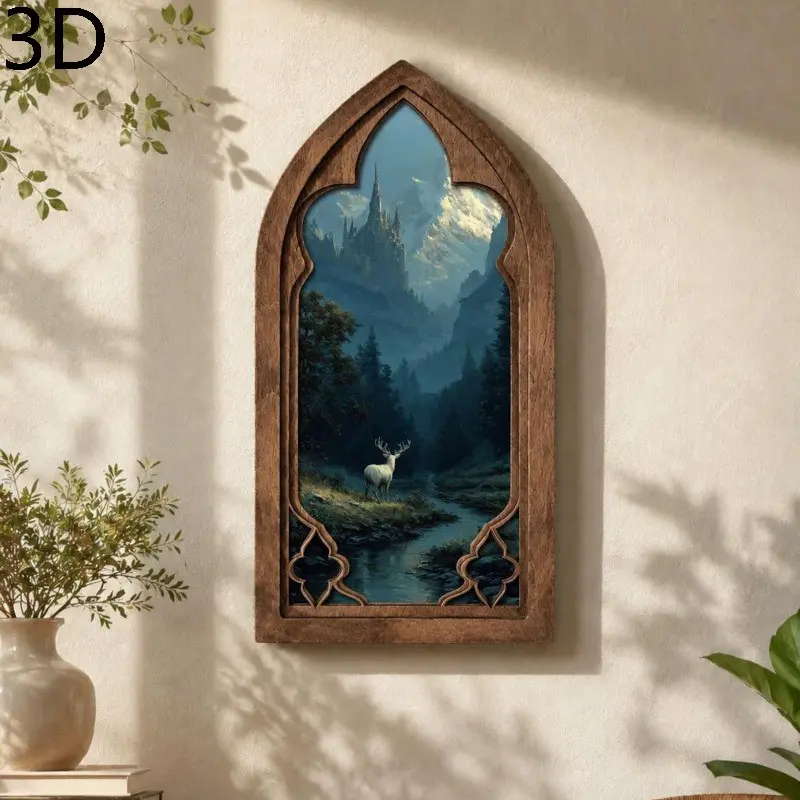 Fantasy Castle Gothic Arch Wall Art, Wall Picture Decor, Medieval Forest Window Decor, Mystical Deer Landscape Print, Dark Academia Home Decor, Fairytale Wall Art