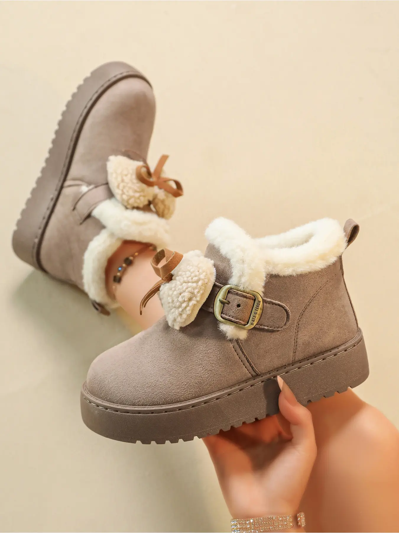 Women Platform Ankle Snow Boots, Cute Heart Bow & Metal Buckle Decor, Faux Fur Lined Warm Winter Short Booties