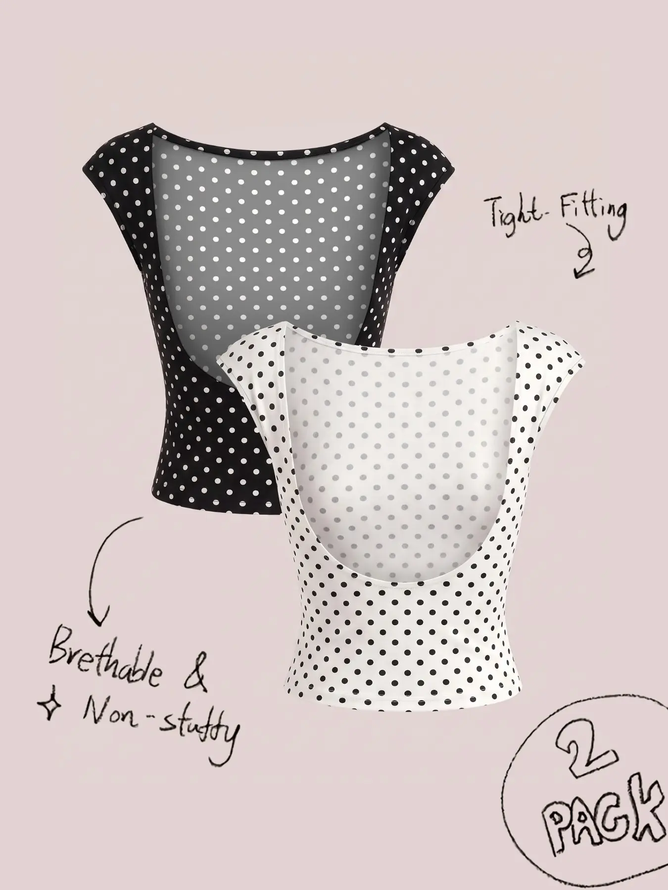 Women'S Black White Polka Dot 2 Pack Boat Neck Cap Sleeve Shirts, Low Back Stretchy Slim Crop Tops, Cute Vintage Going Out Tops For Vacation Hangout Weekend Casual Wear