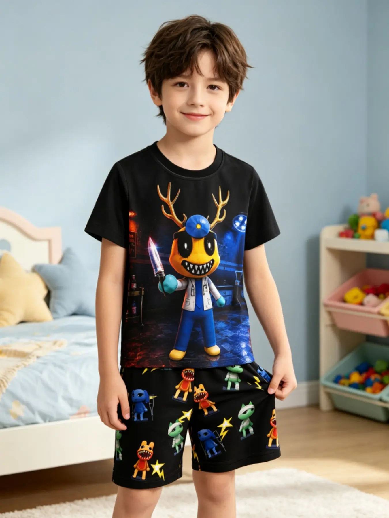 Monster Cartoon Pajama Set, Summer Short Sleeve T-Shirt & Shorts, Cute Loose-Fitting Sleepwear, Halloween Boys' Pajamas