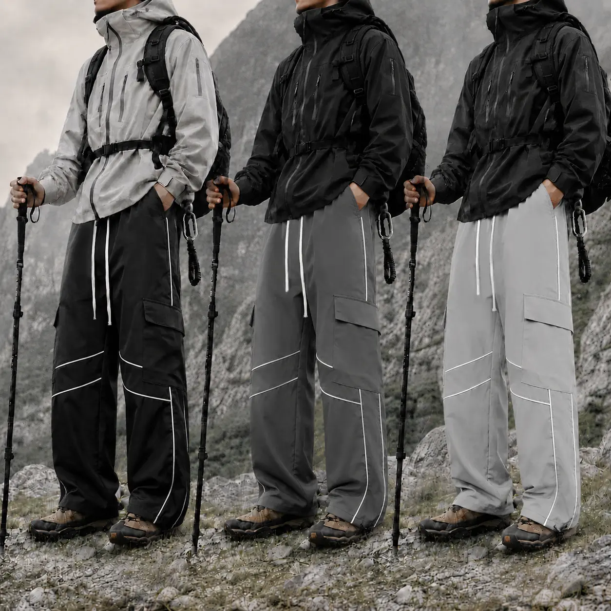 3-pack — unisex loose paratrooper cargo pants; lightweight, waterproof outdoor hiking long pants; unisex loose outdoor functional casual long pants with elastic waistband