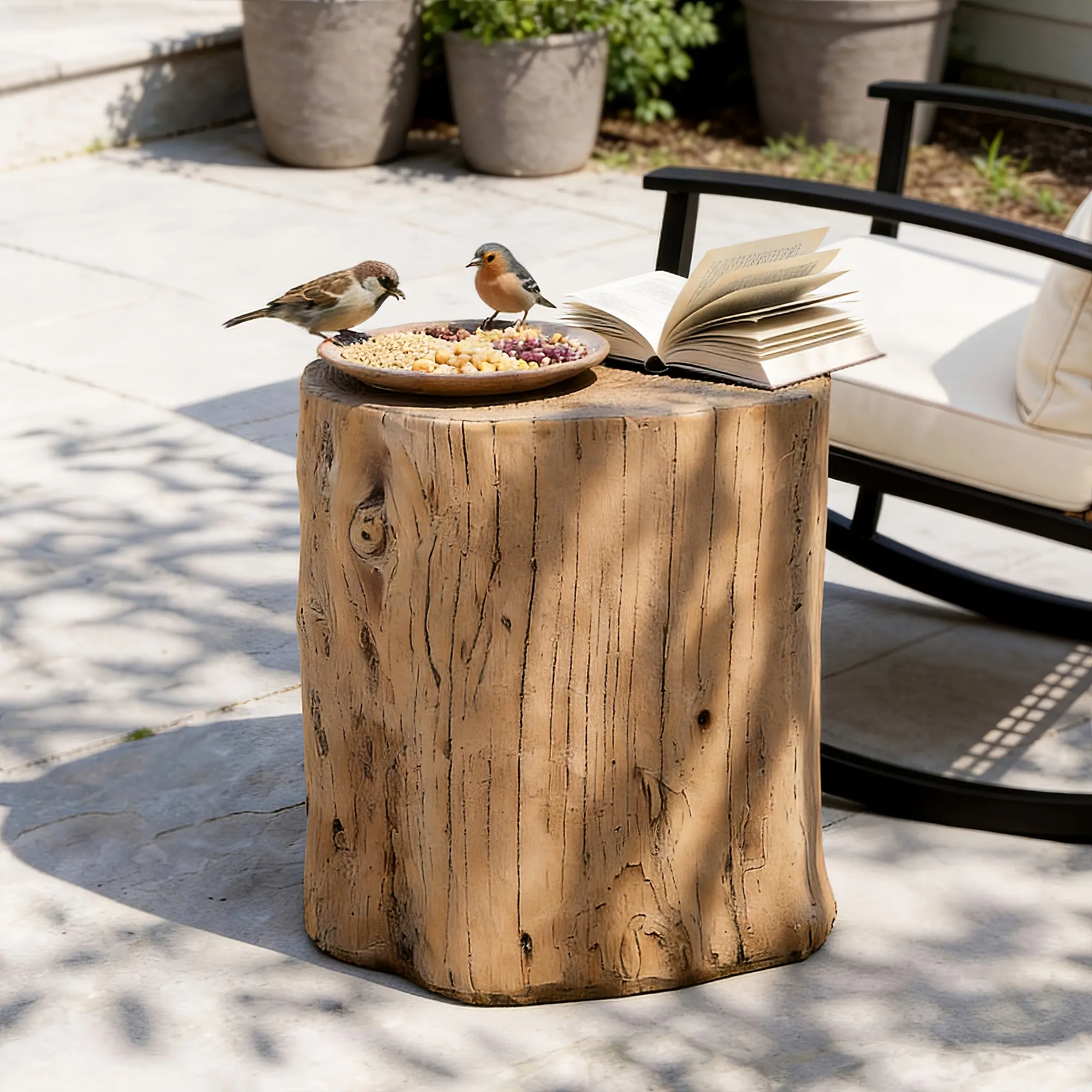 15" Outdoor Side Table |     Light Brown Tree Stump Coffee Table, Concrete Side Table, Garden Stool Side Table, Patio Accent Table, Weather Resistant with Faux Slate Top and Cement Shelf Frame