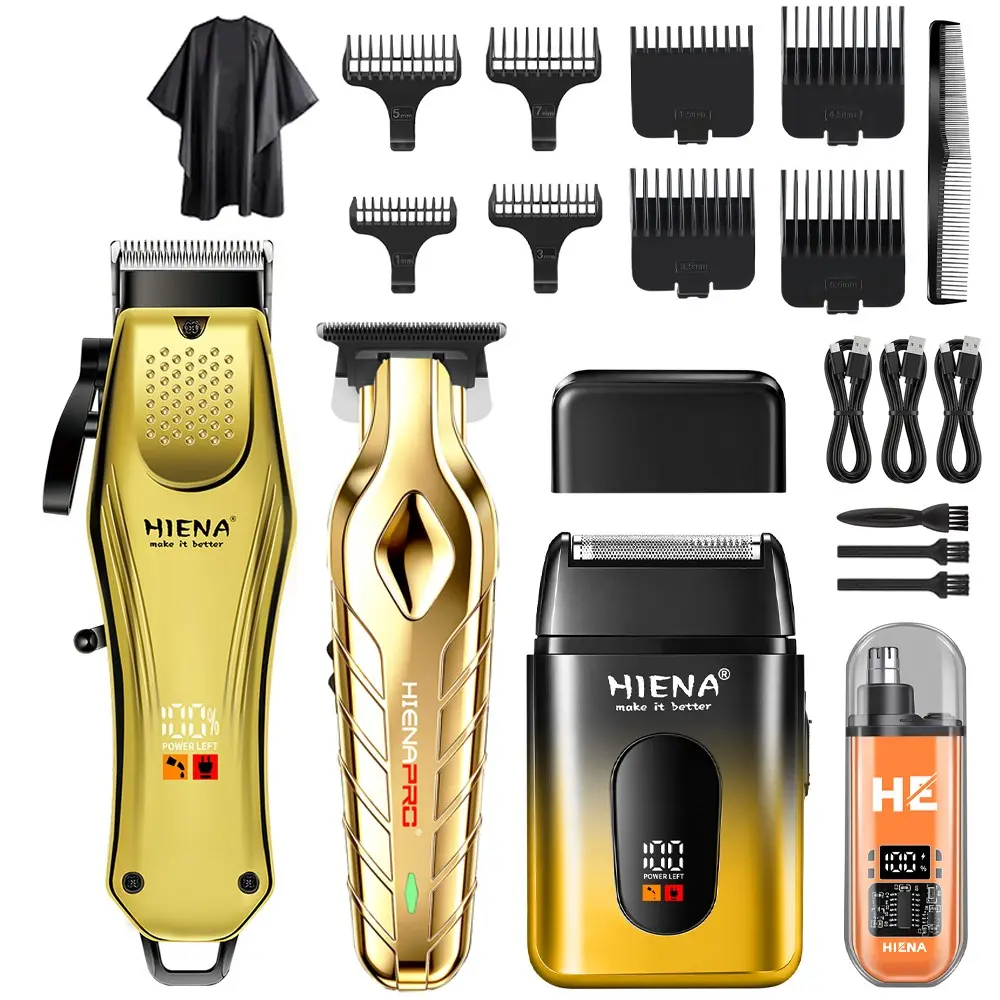 HIENA 4-Piece Retro Gold Men's Electric Hair Trimmer Set Includes Professional Scissors, Sculpting Scissors, Shaver, Comb, and Tie Cloth, Cordless USB Charging, Home Haircut Kit, Perfect Men's Gift