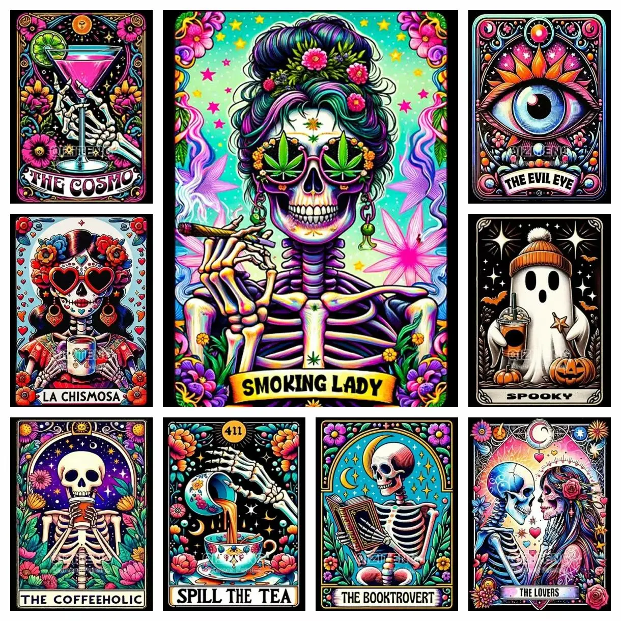 Trippy Art Core Paint by Numbers for Adults with Stretched Canvas Frame 16x20" 40x50cm Whimsical Goth Skeleton Tarot Card DIY Acrylic Oil Painting Kit Spill The Tea Neon Aesthetic Wall Art Cool Crafts Gift Pre-framed Paint by Number Kit
