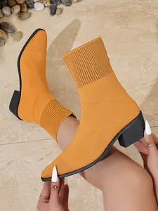 Women's Knit Elastic Sock Boots, Fall Winter Pointed Toe Heeled Short Boots, Slimming Flyknit, Multi-Color, Casual Soft Sole
