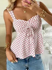 Women's Polka Dot Ruffle Hem Sleeveless Tank Top, Sweet Heart Neck Design, Wide Straps, Front Pleated Tie, Fashionable and Comfortable