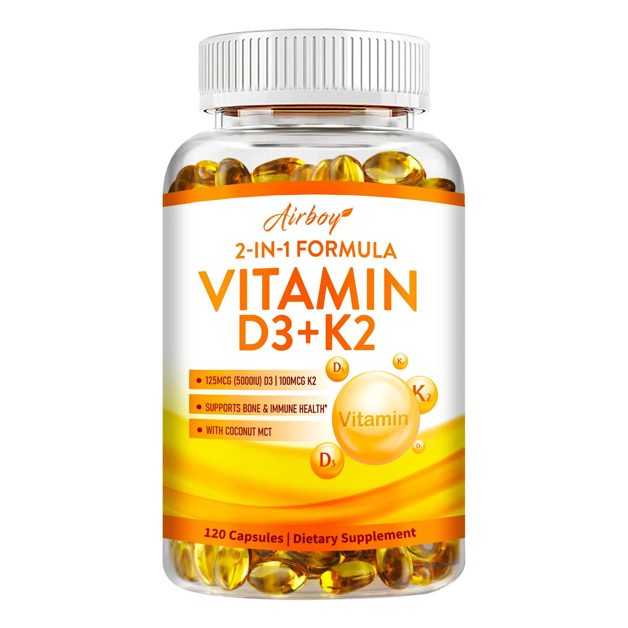 Airboy dietary supplements, 60/120 capsules, fortified with natural coconut oil, rich in essential nutrients needed to maintain healthy bones and the immune system.
