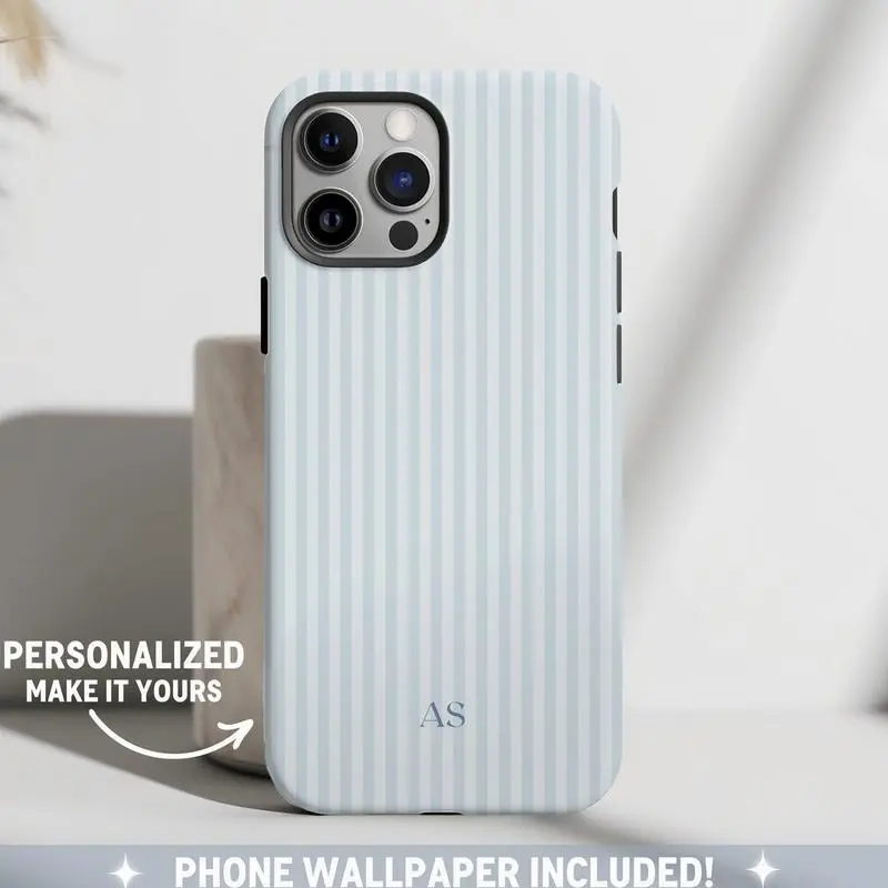 Personalized Blue Phone Case Custom Monogram Matte Phone Case Aesthetic Striped Phone Case Summer Coastal Phone Case Preppy Phonecase Blue Beachy
