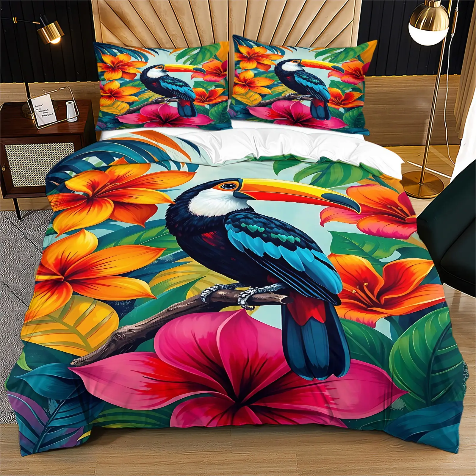 Colorful Toucan Tropical Jungle Duvet Cover Set, Bright Plumeria & Foliage Print, 1 Duvet Cover & 1/2 Pillowcases, No Fillers, Great Gift