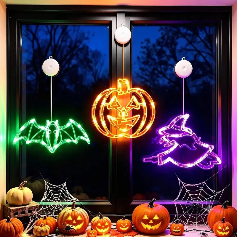 3 Pack Halloween LED Hanging Window Lights with Suction Cups Battery Operated Halloween Themed Decorative Lights Indoor Outdoor Ornaments for Home Bedroom Party Halloween Decoration