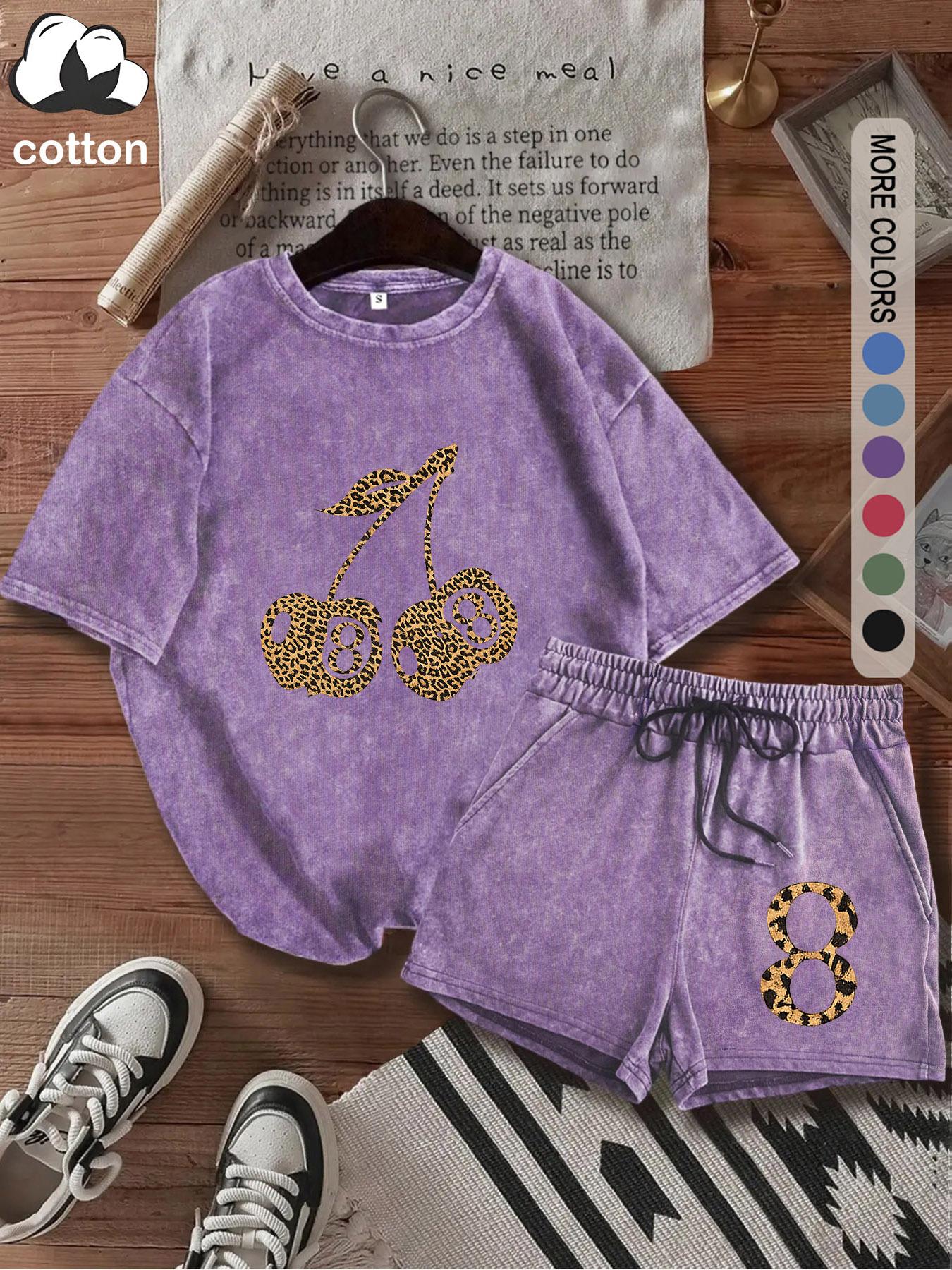 Summer women's suit with leopard and cherry pattern print, comfortable cotton, Breathable, vintage Y2k suitable for outdoor leisure, punk style round neck washed cotton Fitted T-shirt and shorts two-piece suit