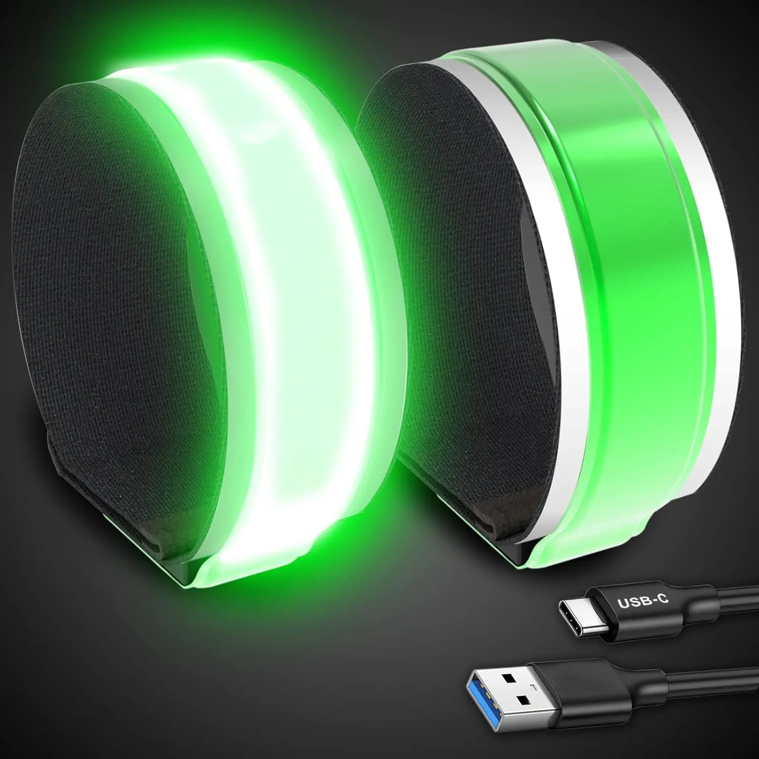 2 Pack LED Armbands, Unisex USB-C Rechargeable Safety Lights with 360° Reflector for Night Running and Walking, 3 Light Modes, Reflective, High Visibility Led Light-Up Band