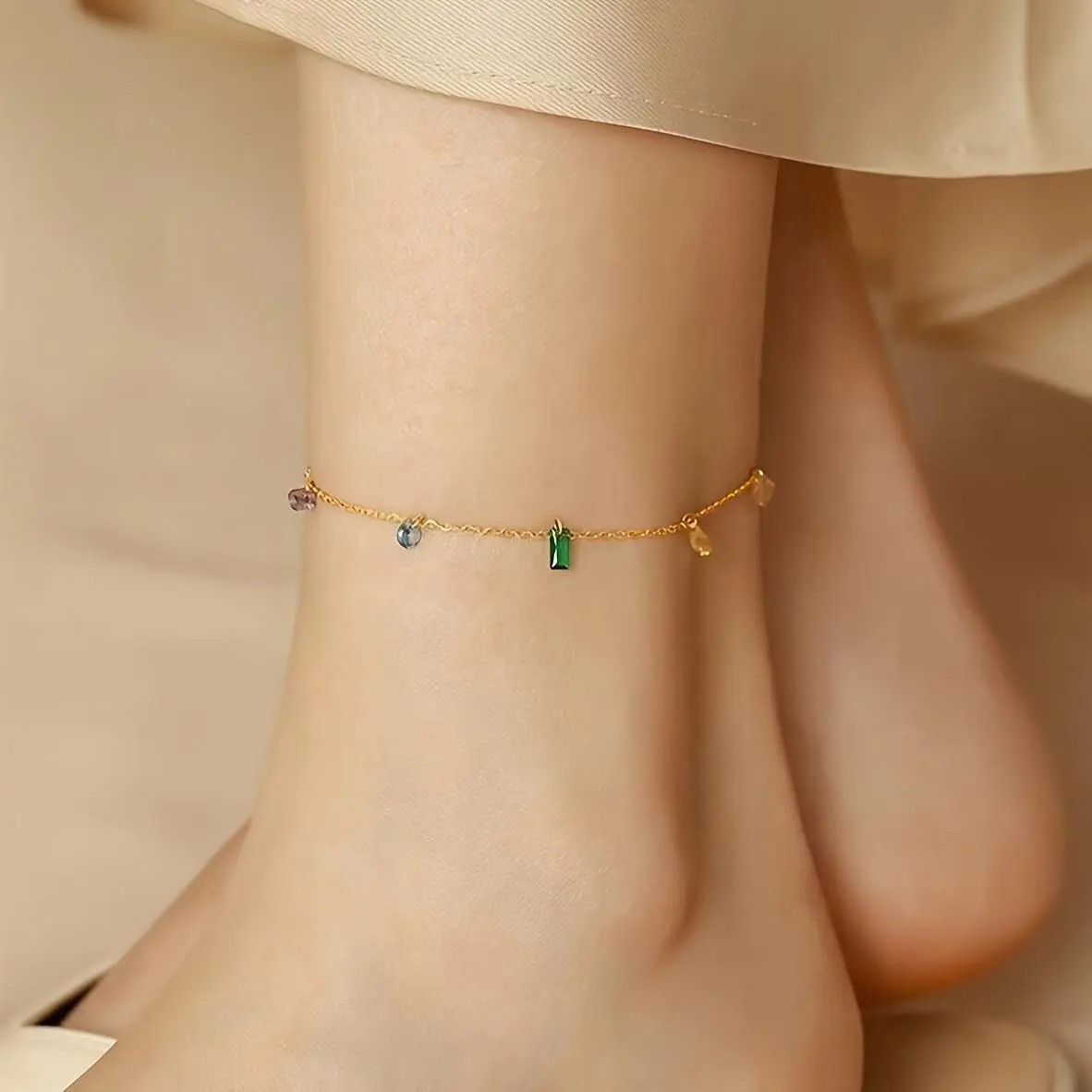 Women's 7-Color Rainbow Cubic Zirconia Anklet - Stainless Steel Retro Romantic Dainty Jewelry, Casual Artificial Gemstone Bracelets & Anklets for Daily, Party Use