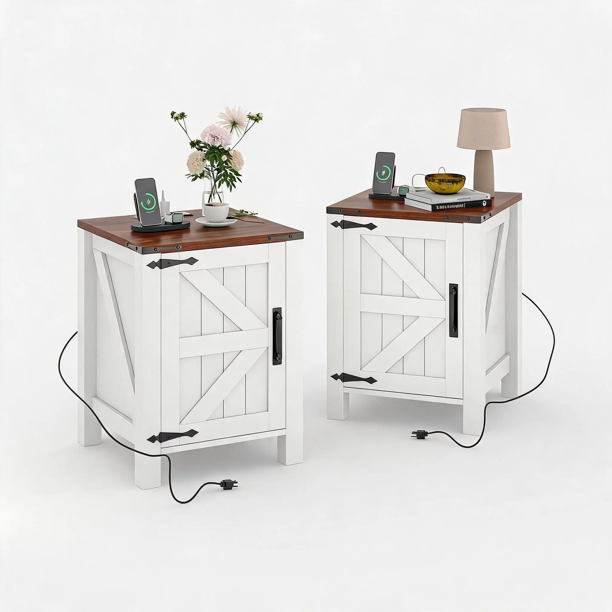 2 Pack Farmhouse Nightstand with USB Charging Station, Rustic Bedside Table with Sliding Barn Door & Adjustable Shelf, 18 Inch Two-Tier End Table for Bedroom Living Room