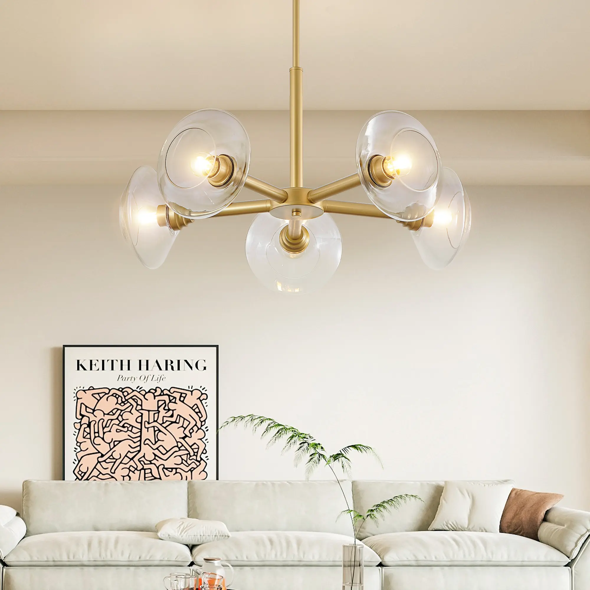 Nokaa 26" Gold 5-Light Sputnik Chandelier with Clear Glass Shades, Mid-Century Modern Hanging Pendant Light for Dining Room, Living Room, Kitchen, Bedroom, Iron Frame, Bulb Not Included