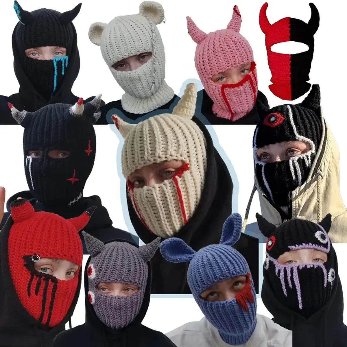 1pc Unisex Multi-Color Horn Balaclava Hat With Blood Stains Mask Warm Knitted Ski Cap Novelty Halloween Party Face Cover,for Halloween, Minimalist, Clothes, Animals, Bunny Ears, Fitted, Skating