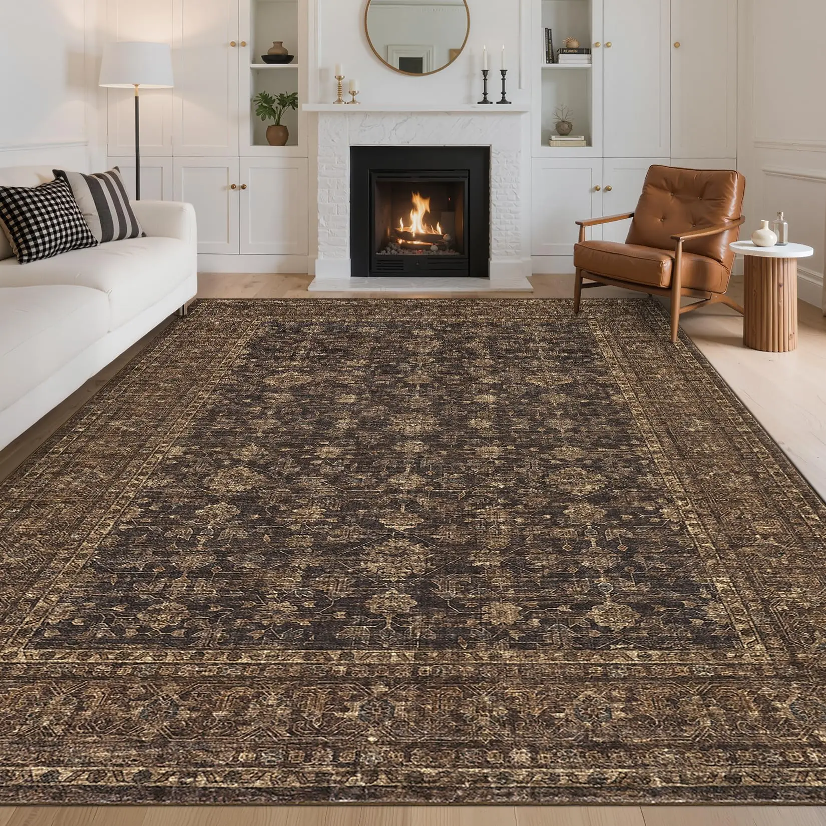 Garvee 9x12 Area Rug for Living Room - Washable, Soft, Non-Slip Brown Floral Design, Vintage Accent, Stain Resistant Carpet for Indoor Use in Bedroom, Dining Room, Nursery, and Home Decor