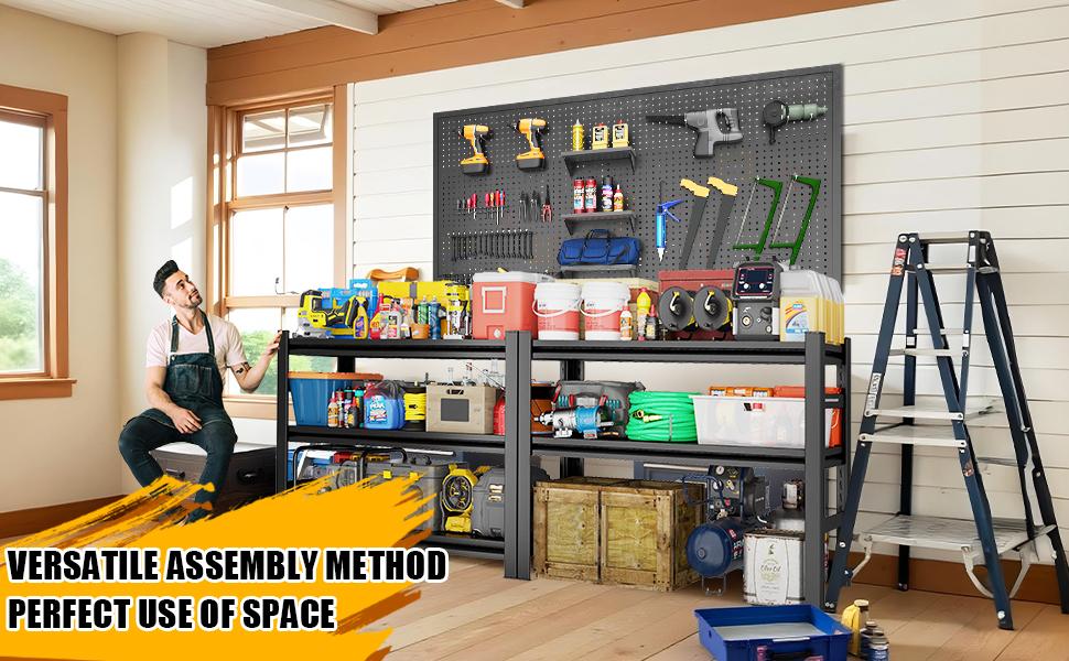 Heavy-Duty Adjustable and Demountable Metal Shelving Units - Boltless Assembly Garage Storage Racks with Fencing, Suitable for Warehouses, Basements, and Workshops - Shelving System, Easy to Use, Practical Shelving