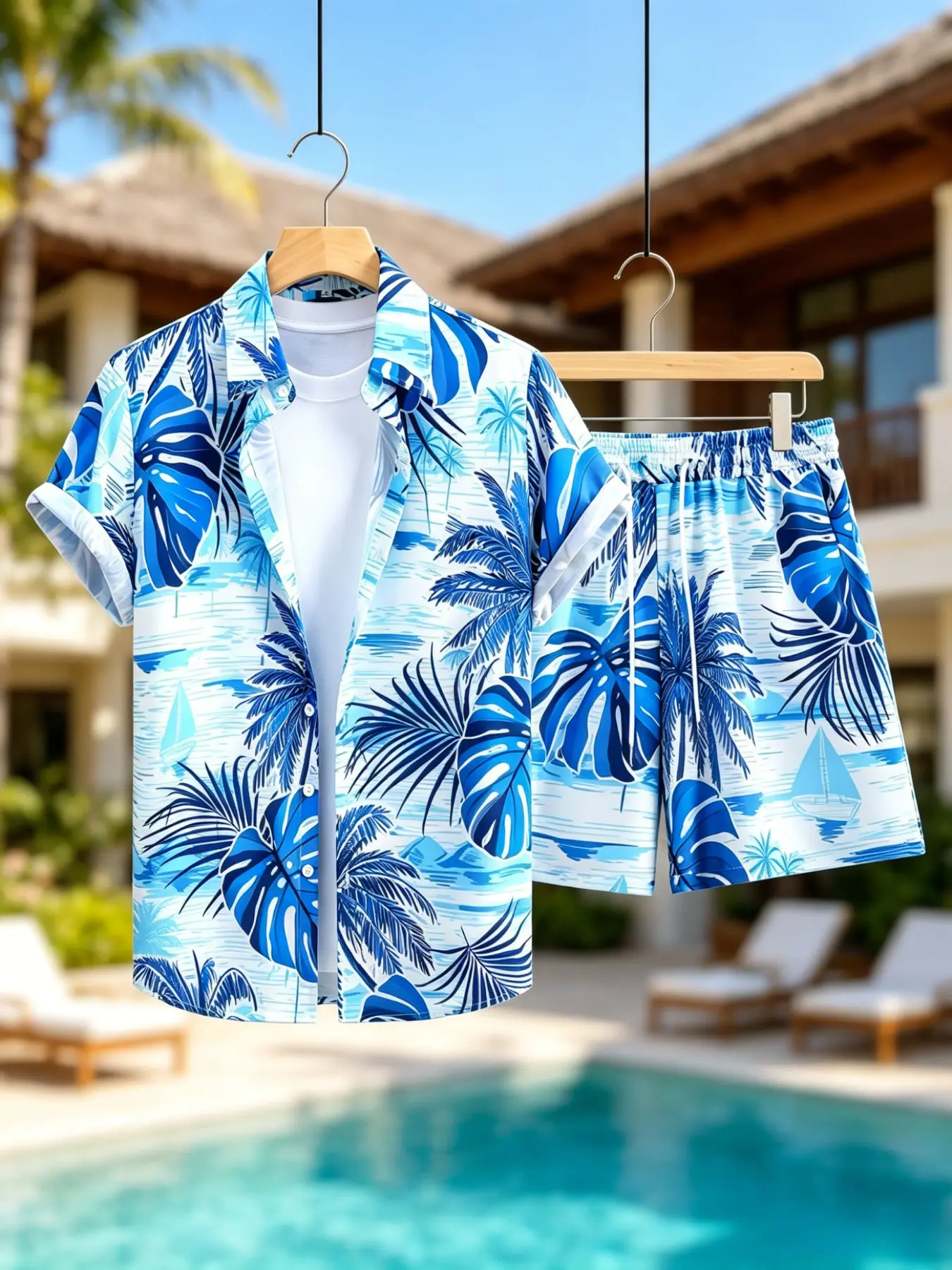 Men's Matching 2 Piece Beach Outfit Set, Tropical Palm Leaf Sailboat All Over Print Short Sleeve Button Shirt & Drawstring Elastic Waist Shorts, Lightweight Hawaiian Vacation Casual Tracksuit #HawaiianOutfitSet #TropicalPrintShirt #BeachVacationClothes #M