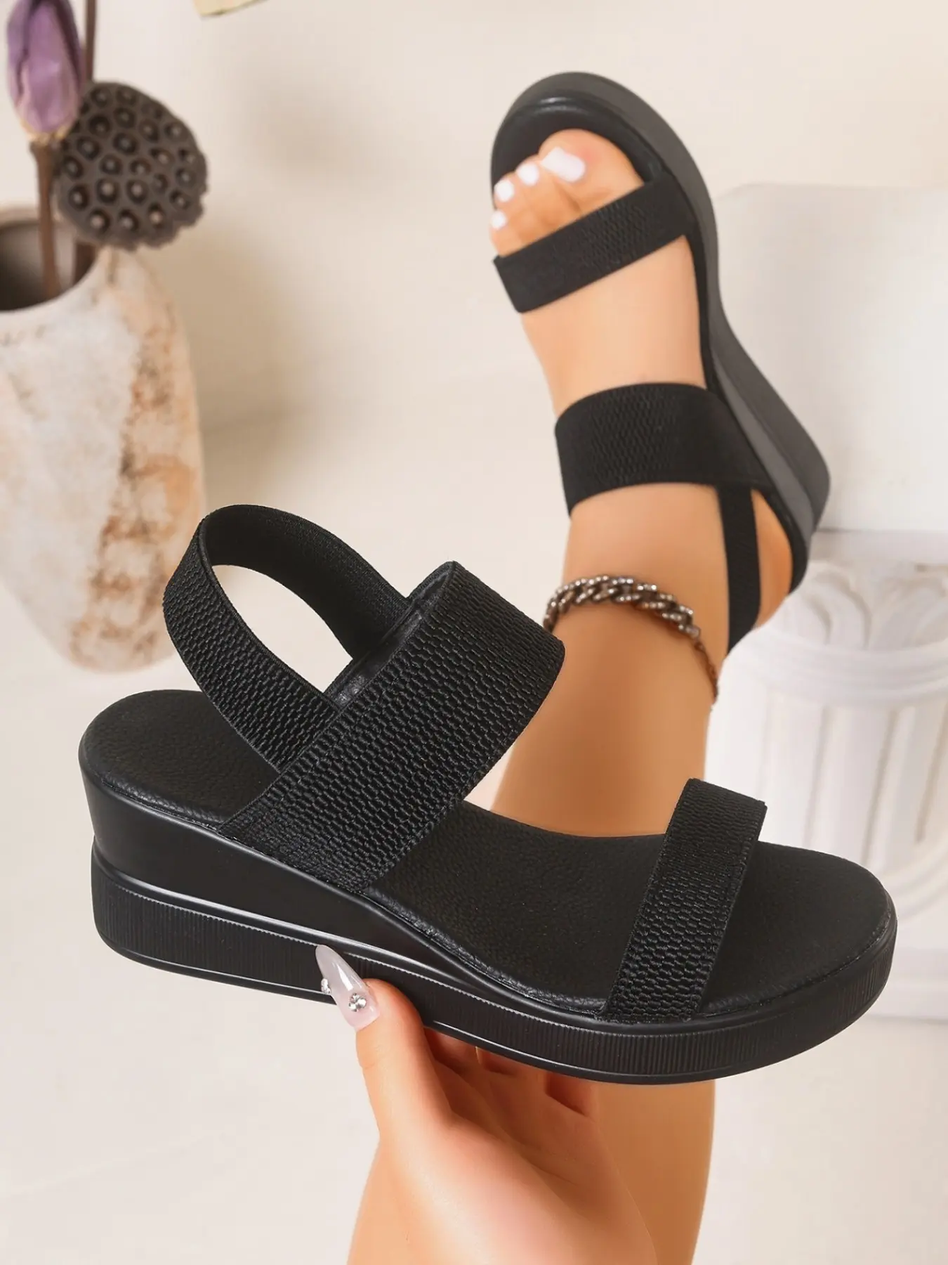 2026 Summer New Elastic Webbing Wedge Sandals for Women, Dual Strap Thick Sole Waterproof Platform Open-Toe Sandals, European Style Beach Shoes, Footwear for Beach