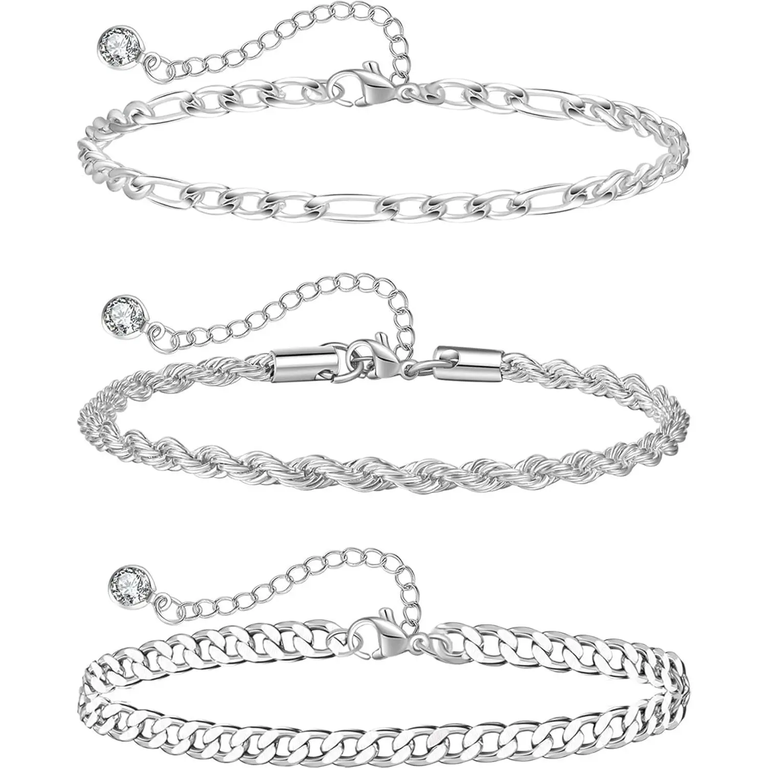 Silver Chain Anklets for Women in Cuban Link, Paperclip & Figaro Styles - Waterproof Ankle Bracelets with Lobster Clasp for Summer Beach, Chain Ankle Anklets, Jewelry For Women, Rope