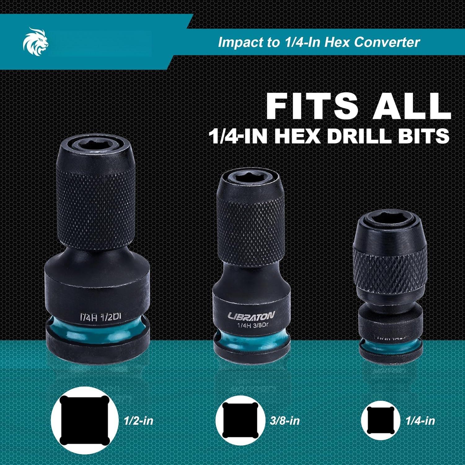 to 1/4 Hex Converter, 1/2 3/8 1/4-INCH Drive Female to 1/4-Inch Hex Adapter,  Wrench Adapters for Ratchet Wrench Drivers,  Bit Holders, Quick-Change Chuck, Cr-Mo Steel